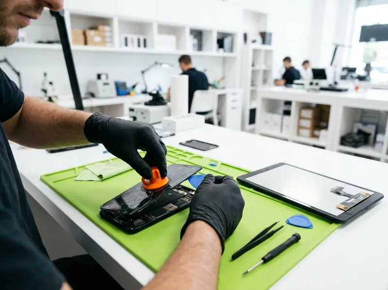 Troca de tela na bancada, com tablet ao lado